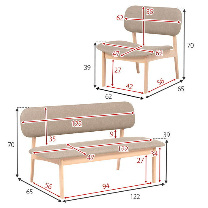 ダイニング 4点セット MI-8632-4S テーブル: 幅145×奥行80×高さ65cm、チェア: 幅62×奥行65×高さ70×座面高39cm、ベンチ: 幅122×奥行65×高さ70×座面高39cm hgs-3000000767の画像