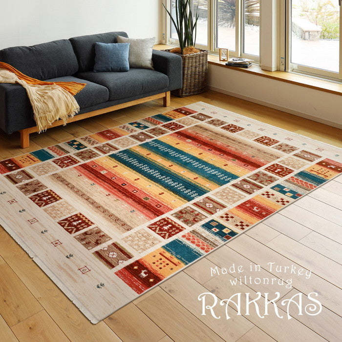ウィルトンラグ RAKKAS ラッカス 約100×150cm ウィルトン織 カーペット ギャッベ風 民族柄 絨毯 オールシーズン hig-240624207xの画像