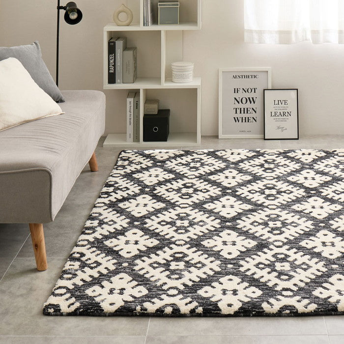 シェニールラグ ダッタ 約130×190cm ウレタン入り ふっくら 厚手 モノクロ 白黒 ジャガード織 オールシーズン hig-270092440xの画像