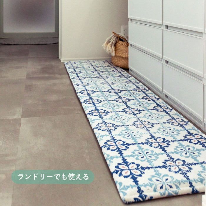 洗濯機で洗える ふっくら厚手 キッチンマット 約45×240cm クプレ アフト ディア モロッカンタイル柄 洗濯できる ウォッシャブル オールシーズン hig-270099002xの画像