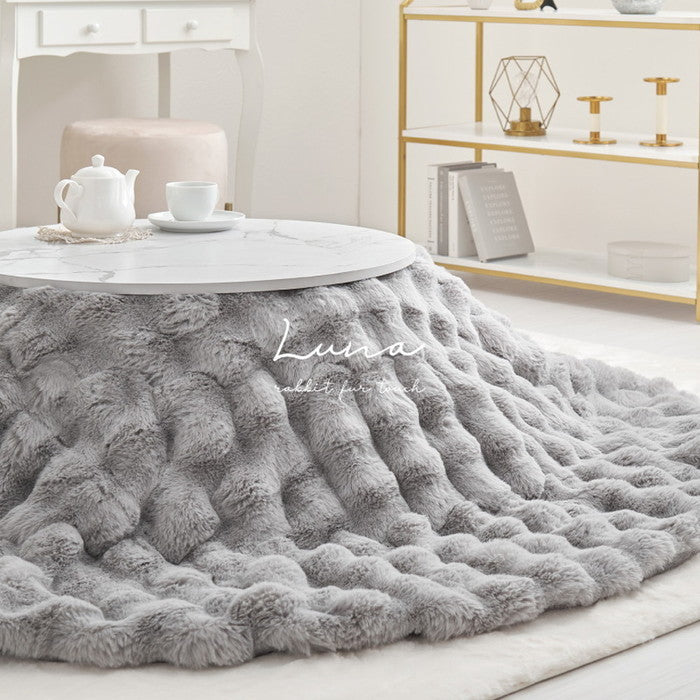 洗濯機で洗える こたつ布団 ルナ 約190cm 円形 丸型 ラウンド ふわふわ ポコポコ ラビットファータッチ フランネル 薄掛け布団 炬燵布団 hig-270611401xの画像