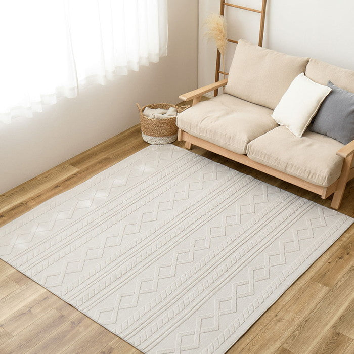 ジャガードフランネルラグ エクリュ 約190×190cm 手洗いできる ケーブルニット柄 オールシーズン hig-270615100xの画像