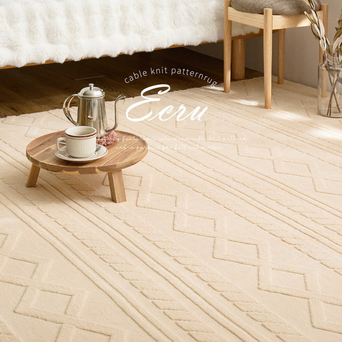 ジャガードフランネルラグ エクリュ 約190×240cm 手洗いできる ケーブルニット柄 オールシーズン hig-270615101xの画像