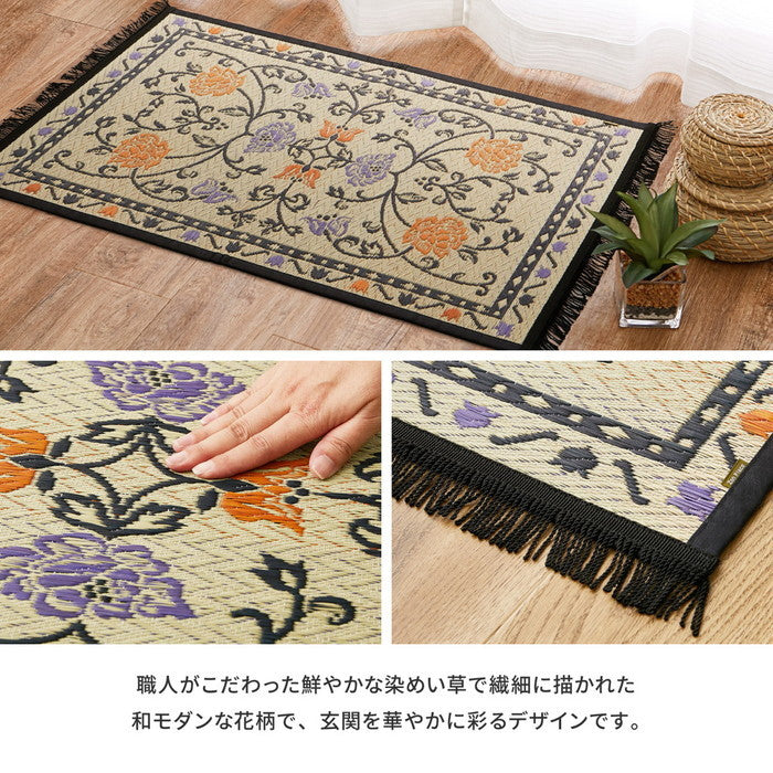 国産 い草 玄関マット イデア 約30×120cm 裏貼り 滑り止め加工 インテリアマット あがりかまち 上がり框 かまち用 花柄 hig-29003494xの画像