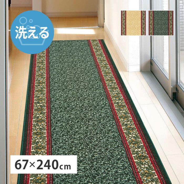廊下敷きプリントマット ナタリア 約67×240cm ベージュ グリーン hig-350126202xの画像
