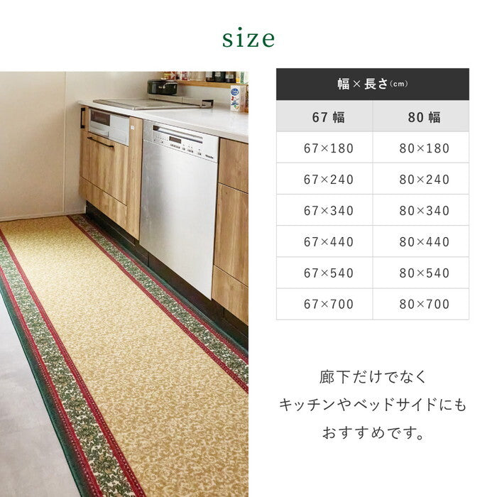 廊下敷きプリントマット ナタリア 約80×180cm ベージュ グリーン hig-350126301xの画像