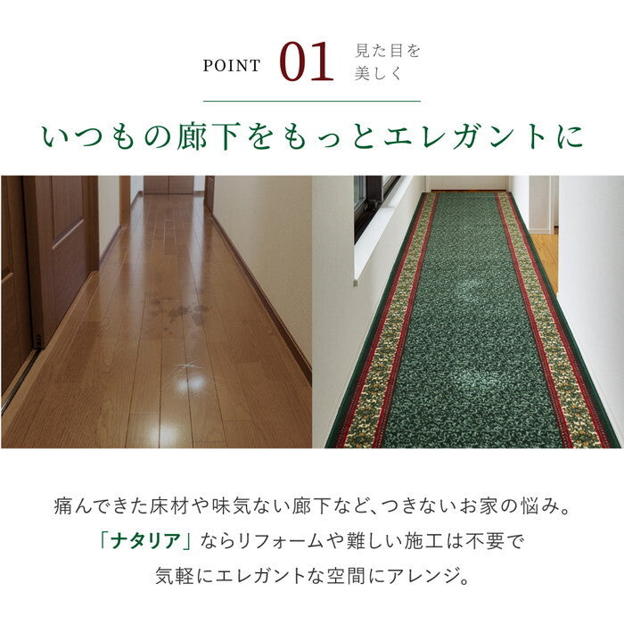 廊下敷きプリントマット ナタリア 約80×700cm ベージュ グリーン hig-350126306xの画像
