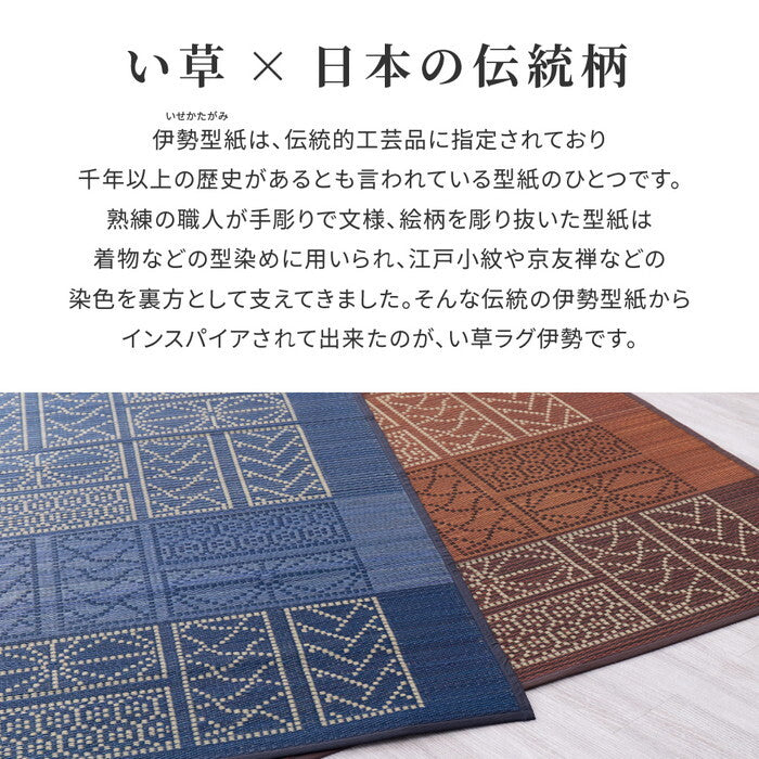 い草ラグ 裏貼り 伊勢 約176×176cm ブルー ブラウン hig-81938800xの画像