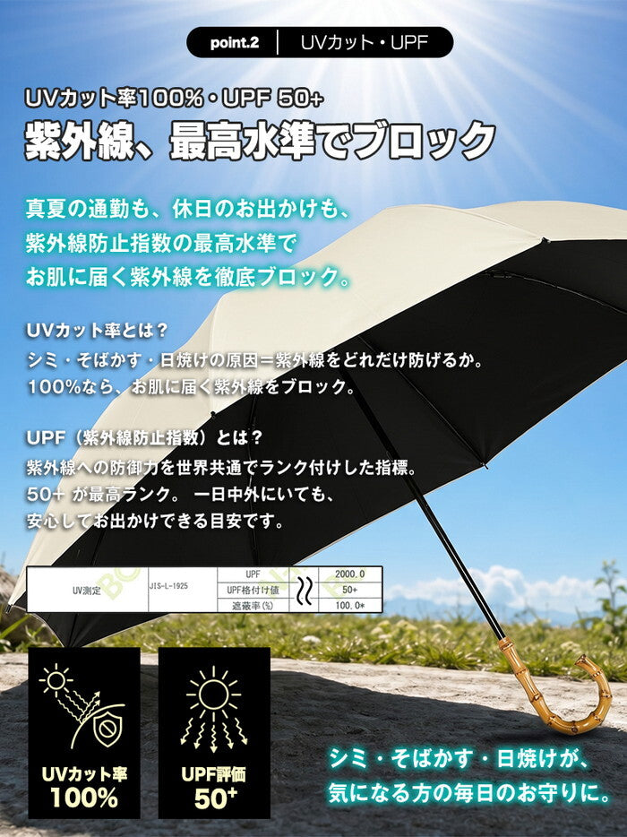 日傘 2WAY 折りたたみ 完全遮光100% 晴雨兼用 UVカット 遮熱 軽量 レディース 長傘 折り畳み傘 UPF50+ 紫外線対策 バンブー ハンドル きれいめ delico icr-delico2の画像