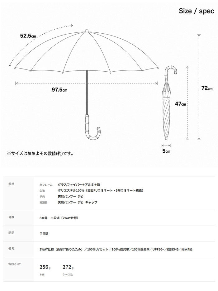 日傘 2WAY 折りたたみ 完全遮光100% 晴雨兼用 UVカット 遮熱 軽量 レディース 長傘 折り畳み傘 UPF50+ 紫外線対策 バンブー ハンドル きれいめ delico icr-delico2の画像