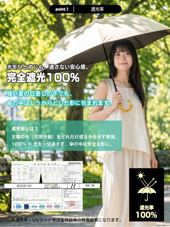 日傘 2WAY 折りたたみ 完全遮光100% 晴雨兼用 UVカット 遮熱 軽量 レディース 長傘 折り畳み傘 UPF50+ 紫外線対策 バンブー ハンドル きれいめ delico icr-delico2の画像