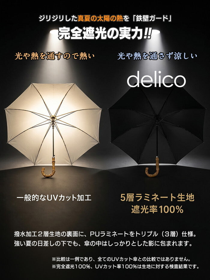 日傘 2WAY 折りたたみ 完全遮光100% 晴雨兼用 UVカット 遮熱 軽量 レディース 長傘 折り畳み傘 UPF50+ 紫外線対策 バンブー ハンドル きれいめ delico icr-delico2の画像