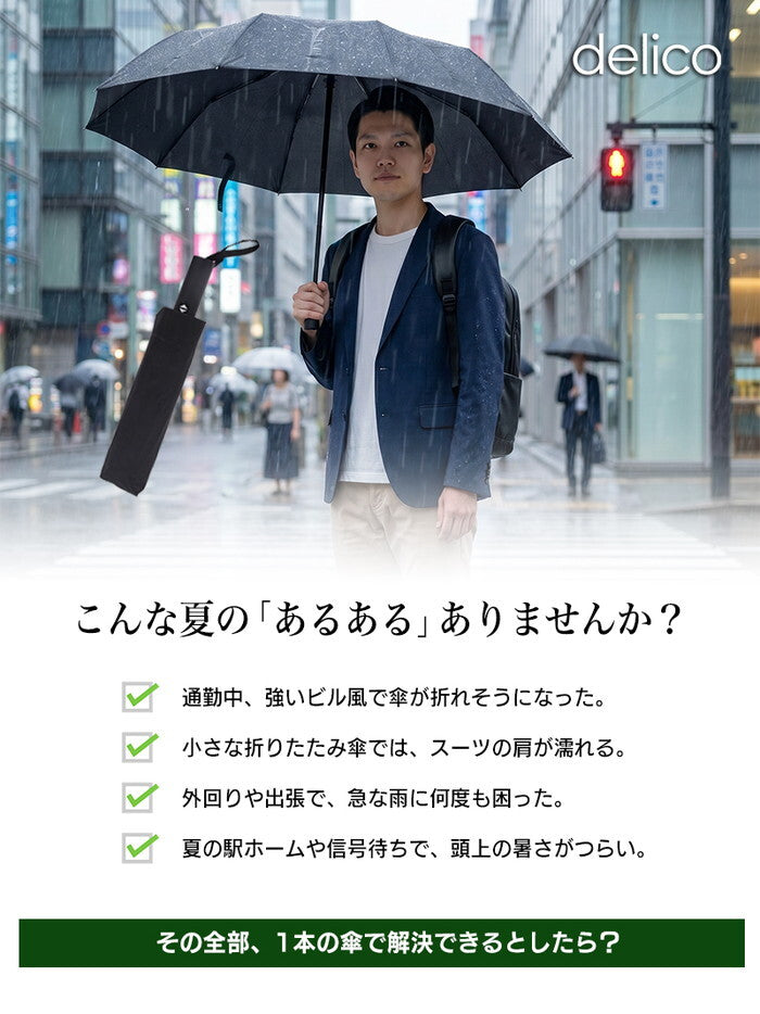 日傘 メンズ レディース 折りたたみ 完全遮光100% 晴雨兼用 耐風 UPF50+ UVカット 遮熱 軽量 折り畳み傘 ビジネス 通勤 大きめ 男性用 ワンタッチ 暑さ対策 delico icr-delico3の画像