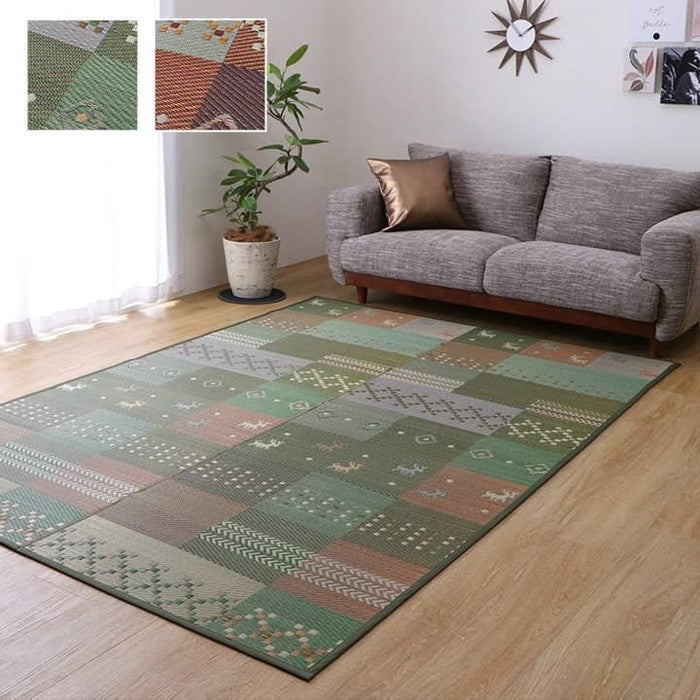 い草ラグ 裏ばり 花ござ カーペット ラグ 3畳 ギャッベ ギャベ 柄 抗菌防臭 消臭 江戸間3畳 約174×261cm 裏:不織布 グリーン レッド ihk-1030290120302の画像