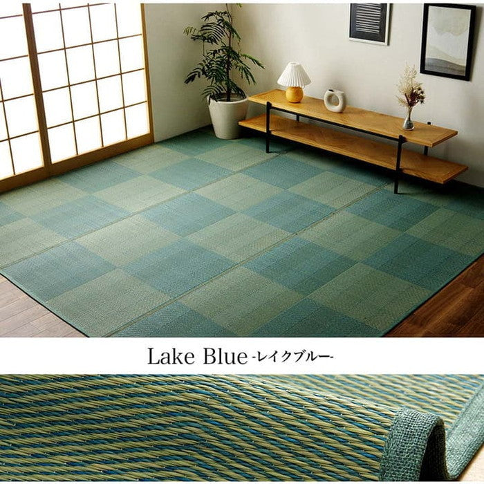 い草ラグ 花ござ カーペット 格子柄 ナチュラル シンプル 和室 抗菌防臭 消臭 お手入れ簡単 夏快適さらさら 江戸間3畳 約174×261cm レイクブルー ブラウン ihk-1031280040302の画像
