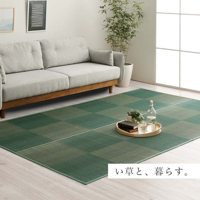 い草ラグ 花ござ カーペット 格子柄 ナチュラル シンプル 和室 抗菌防臭 消臭 お手入れ簡単 夏快適さらさら 本間3畳 約191×286cm レイクブルー ブラウン ihk-1031280041102の画像