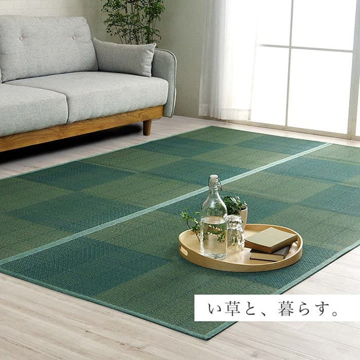 い草ラグ 花ござ カーペット 格子柄 ナチュラル シンプル 和室 洋室 裏不織布滑り止め 滑りにくい 抗菌防臭 消臭 お手入れ簡単 夏快適さらさら 本間3畳 約191×286cm レイクブルー ブラウン ihk-1031290041102の画像