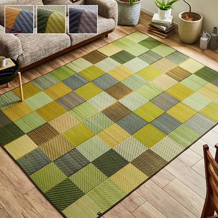 ラグ 純国産 国産 日本製 い草 抗菌防臭 自然素材 モダン DXカラフルブロック 約191×250cm ブルー グリーン グレー ihk-1050140043904の画像