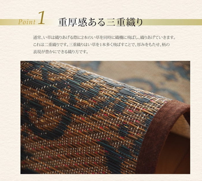 純国産 い草ラグカーペット オリエンタル柄 DXオーディーン 約191×191cm ブラウン グリーン ihk-1050290063604の画像