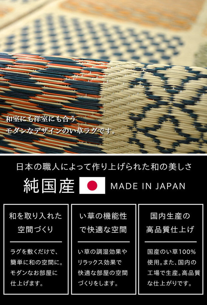 ラグ 国産 い草 カーペット ふっくら ボリューム F市松和紋 約191×191cm ブルー グリーン ihk-1050480043604の画像