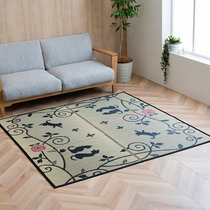 い草ラグ ラグ カーペット 3畳 長方形 かわいい 猫 ねこ ネコ DXクロネコ 約176×230cm 裏:不織布 ihk-1060500013803の画像