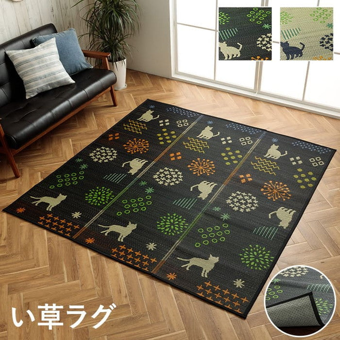 い草ラグ 猫柄 花柄 猫 インテリア 節電 夏用 涼しい おしゃれ おすすめ 湿度調節 消臭効果 お手入れ簡単 約180×240cm ブラック ナチュラル ihk-1060920034104の画像