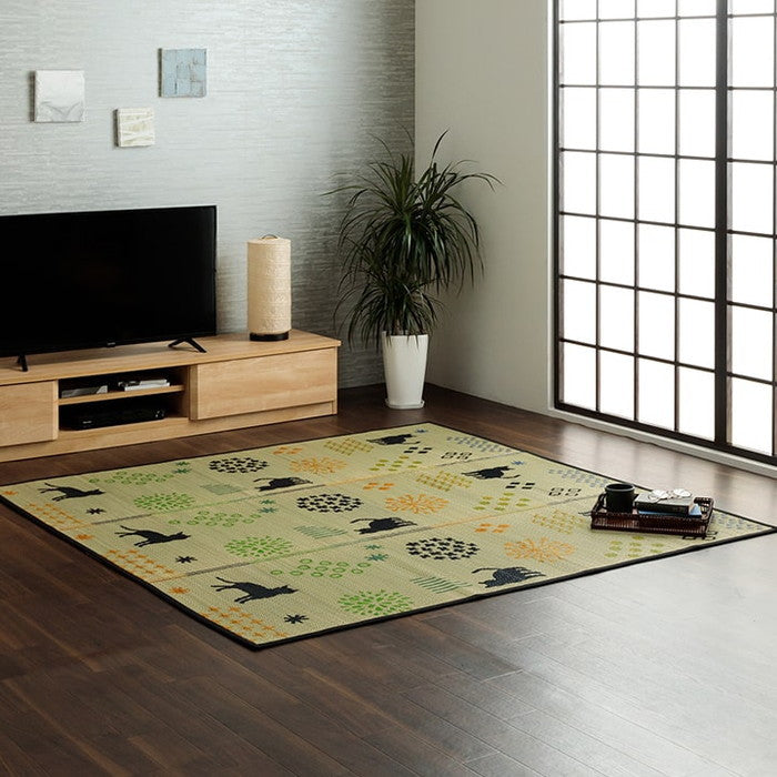 い草ラグ 猫柄 花柄 猫 インテリア 節電 夏用 涼しい おしゃれ おすすめ 湿度調節 消臭効果 お手入れ簡単 約180×240cm ブラック ナチュラル ihk-1060920034104の画像