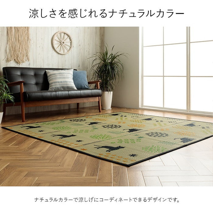 い草ラグ 猫柄 花柄 猫 インテリア 節電 夏用 涼しい おしゃれ おすすめ 湿度調節 消臭効果 お手入れ簡単 約180×240cm ブラック ナチュラル ihk-1060920034104の画像