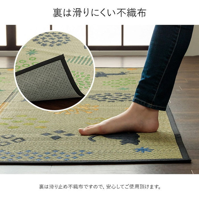 い草ラグ 猫柄 花柄 猫 インテリア 節電 夏用 涼しい おしゃれ おすすめ 湿度調節 消臭効果 お手入れ簡単 約180×240cm ブラック ナチュラル ihk-1060920034104の画像