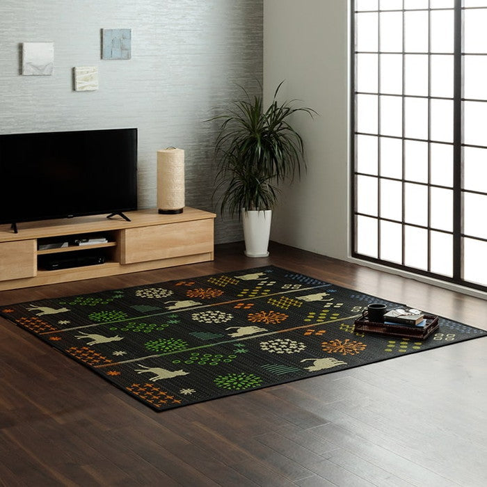 い草ラグ 猫柄 花柄 猫 インテリア 節電 夏用 涼しい おしゃれ おすすめ 湿度調節 消臭効果 お手入れ簡単 約180×240cm ブラック ナチュラル ihk-1060920034104の画像