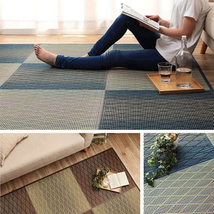 い草 ラグ カーペット シンプル 格子 消臭 抗菌防臭 ふっくら 滑り止め 不織布 約3畳 長方形 約180×240cm ブルー ブラウン ihk-1070810043911の画像