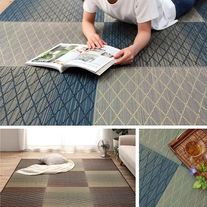 い草 ラグ カーペット シンプル 格子 消臭 抗菌防臭 ふっくら 滑り止め 不織布 約3畳 長方形 約180×240cm ブルー ブラウン ihk-1070810043911の画像