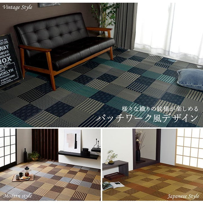 敷物 花ござ 国産 純国産 日本製 い草 モダン 抗菌防臭 自然素材 パッチワーク 江戸間6畳 約261×352cm ベージュ ブルー ブラウン ihk-1080040020602の画像