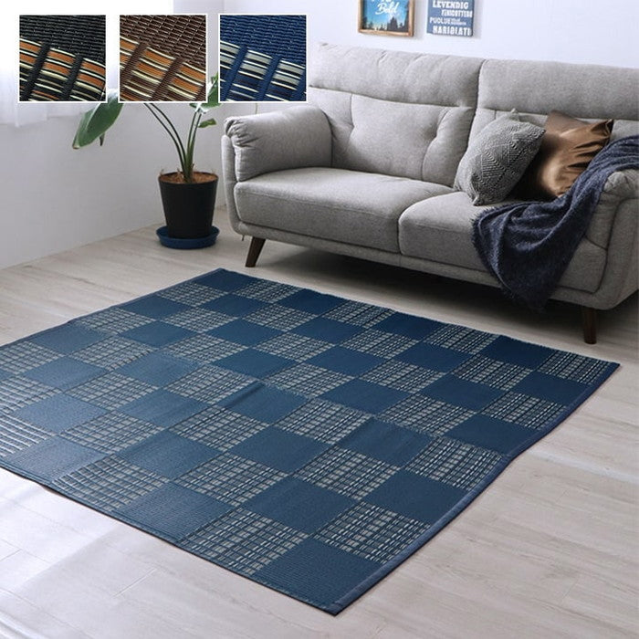 洗える カーペット ダイニング ラグ 敷詰 丈夫 日本製 国産 除菌スプレー対応 モダン 市松 ござ アウトドア ペット 江戸間3畳 約174×261cm ブラック ブラウン ネイビー ihk-1090280031002の画像