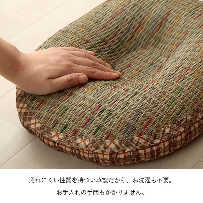 クッション 円座 楕円形 い草 チェック柄 調湿 空気清浄 お手入れ簡単 約45×35×4cm ベージュ ブルー ihk-1142260023302の画像