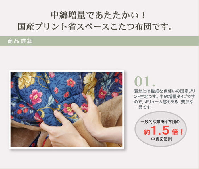 こたつ薄掛け布団 国内プリント 省スペース 単品 ナターシャNSK増量 約190×230cm 中綿増量タイプ ネイビー ihk-1170400191921の画像