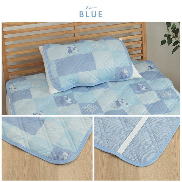 冷感 可愛い 猫柄 おすすめ ひんやり 肌触り 節電 冷感寝具 夏用 涼しい 枕パッド 約40×50cm ブルー ihk-1195100379902の画像