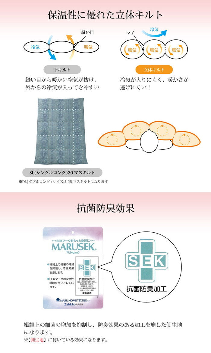寝具 羽毛 掛け布団 日本製 抗菌防臭 防ダニ アレルプラス加工 立体キルト ダウンパワー370 ホワイトダックダウン90％ シングルロング 150×210cm ブルー ピンク ihk-1202471043502の画像