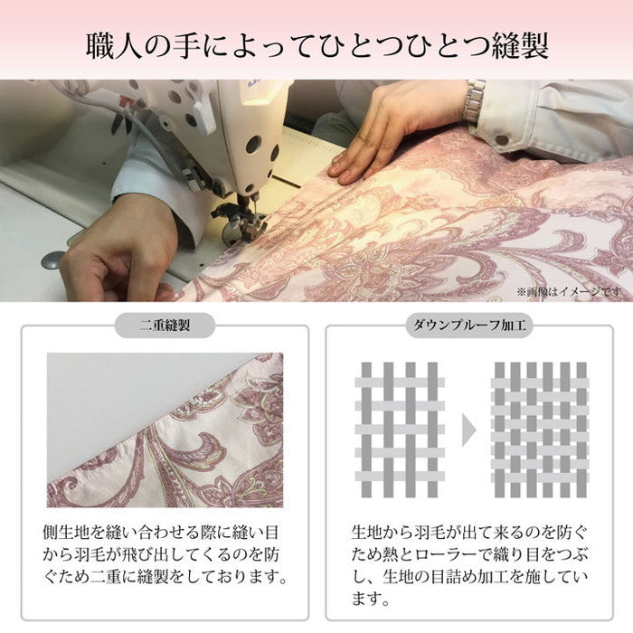寝具 羽毛 掛け布団 日本製 抗菌防臭 防ダニ アレルプラス加工 立体キルト ダウンパワー370 ホワイトダックダウン90％ シングルロング 150×210cm ブルー ピンク ihk-1202471043502の画像