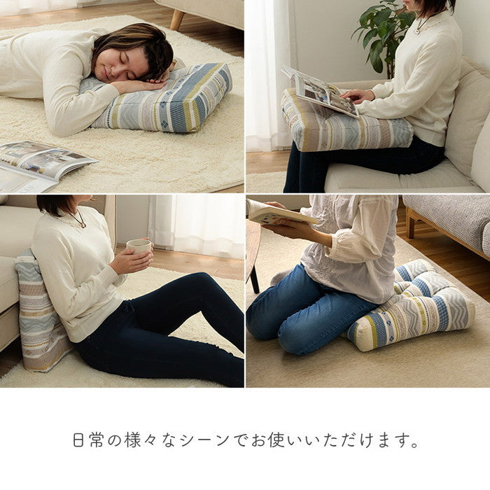 クッション シート ボックス 幾何学模様 洗える ベージュ 約40×40cm ベージュ ブルー ihk-1211950131801の画像