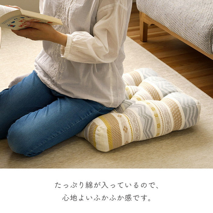 クッション シート ボックス 幾何学模様 洗える ベージュ 約40×40cm ベージュ ブルー ihk-1211950131801の画像