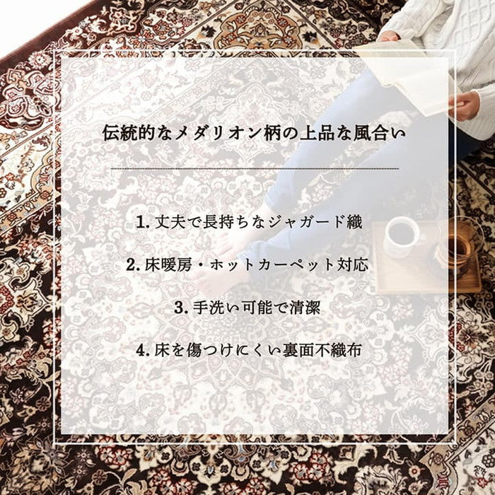 ラグ 長方形 オールシーズン 洗える 軽い コンパクト メダリオン柄 約200×250cm ホットカーペット対応 ブラウン ワイン ihk-1270490063201の画像