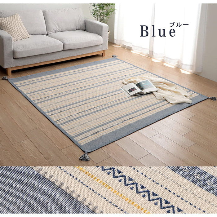 ラグ 正方形 インド綿 吸湿性 シンプル ナチュラル 幾何学 ボーダー タッセル付き コンパクト 約3畳 約185×240cm ホットカーペット対応 床暖房対応 オールシーズン ブルー グレー ihk-1290730045602の画像