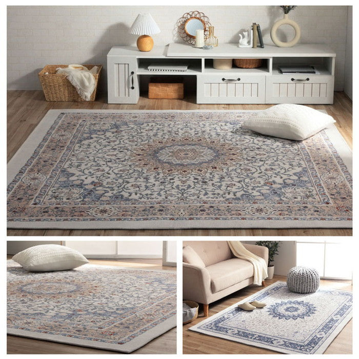 ラグ 長方形 手洗い ジャガード織 メダリオン柄 コンパクト 滑りにくい加工 約3畳 約200×250cm オールシーズン 床暖房 ホットカーペット対応 ベージュ ブルー ihk-1291260026502の画像