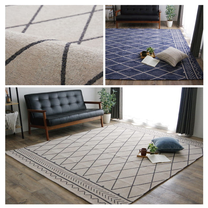 ラグ マット 幾何柄 シンプル 約200×250cm 滑り止め付き ブルー アイボリー ihk-1291570046502の画像