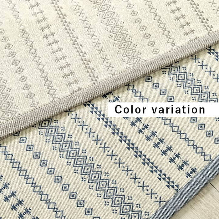 ラグ カーペット 長方形 インド綿 吸湿性 シンプル ナチュラル 幾何学 ボーダー タッセル付き コンパクト ホットカーペット対応 床暖房対応 オールシーズン 約3畳 約180×230cm ブルー グレー ihk-1293950048402の画像