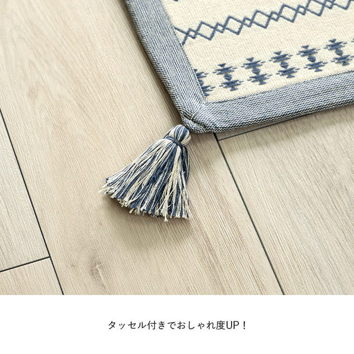 ラグ カーペット 長方形 インド綿 吸湿性 シンプル ナチュラル 幾何学 ボーダー タッセル付き コンパクト ホットカーペット対応 床暖房対応 オールシーズン 約3畳 約180×230cm ブルー グレー ihk-1293950048402の画像
