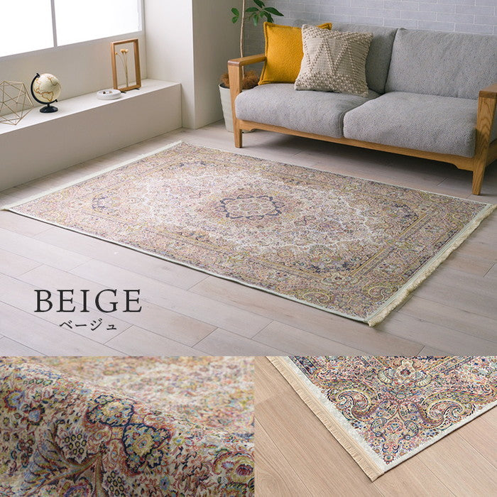 ラグ カーペット 短毛 エレガンス柄 絨毯 お手入れ簡単 約140×200cm ベージュ ネイビー ihk-1294960027131の画像