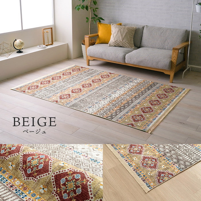 ラグ カーペット 短毛 民族柄 絨毯 お手入れ簡単 約140×200cm ベージュ ブルー ihk-1294970027131の画像