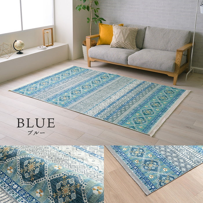 ラグ カーペット 短毛 民族柄 絨毯 お手入れ簡単 約140×200cm ベージュ ブルー ihk-1294970027131の画像